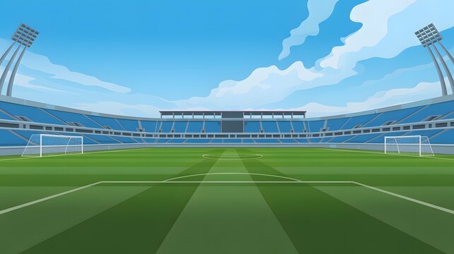Football world cup stadium illustration empty soccer arena with green pitch and blue seating