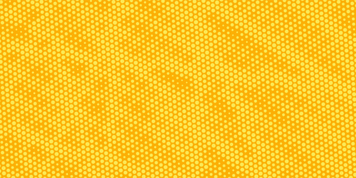 Yellow halftone pattern. Retro comic gradient background. Bright orange pixelated dotted texture overlay. Cartoon pop art faded gradient pattern. Vector backdrop for poster, banner, advertisement