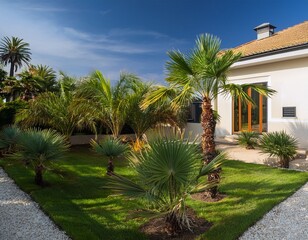 Fototapeta premium petit jardin arbore de palmier au pied d une maison