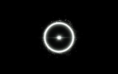 Obraz premium Abstract circular white lens flare with neon glowing magic ring and central bright star particle overlay asset on solid black background