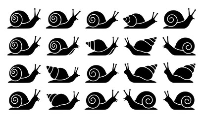 Black Snail Silhouette Collection with Spiral Shell and Nature Animal Vector Art © Sabbir