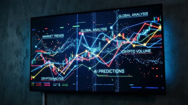 Dynamic stock market analysis on a screen, showcasing data trends and predictions for global markets and cryptocurrencies.