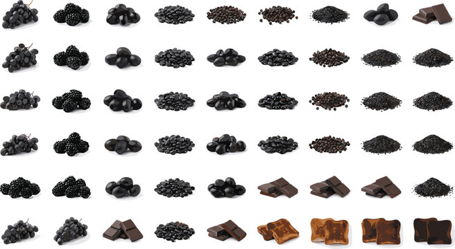 Big collection of dark food ingredients chocolate bars cubes grapes blackberries olives coffee beans raisins black pepper seeds cocoa nibs isolated on white background top view