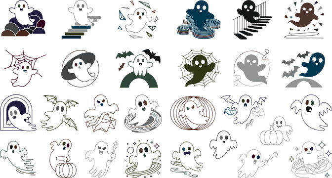 Halloween ghost icons with various designs and expressions  spooky and friendly ghosts for decoration