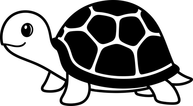 Cute cartoon turtle with patterned shell, simple black and white illustration