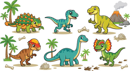Comprehensive vector illustration set featuring friendly baby dinosaur characters fossils footprints and tropical prehistoric landscape elements isolated on a plain white background © MstRakha