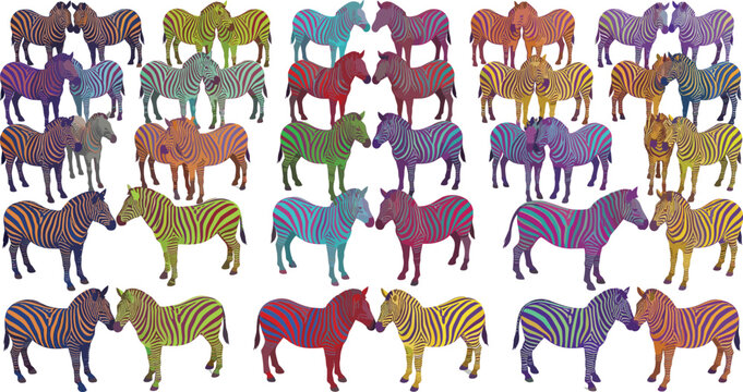 Large graphic grid collection of artistic zebras in a wide variety of bright neon colors and unique stripe patterns isolated on a white background
