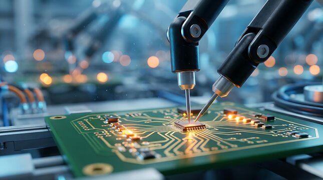 Close up view of dual robotic grippers working on motherboard with glowing orange led lights representing high speed electronic assembly and modern engineering.