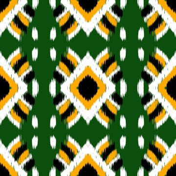 Seamless Geometric Ikat Pattern with Tribal Diamond Motifs in Green Yellow Black and White