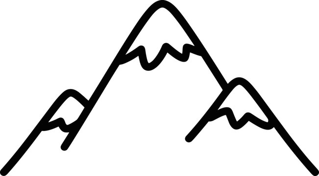 Minimalist mountain range icon, simple outline drawing, black and white graphic design.