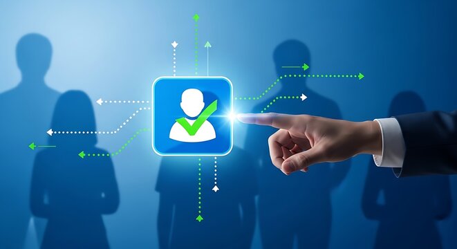 Human resources technology concept hand pointing to user icon with check mark