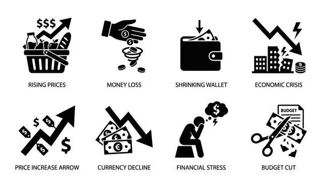 Financial crisis silhouette vector icons set featuring rising prices, money loss, shrinking wallet, economic downturn, currency decline, financial stress, budget cut, inflation recession illustration