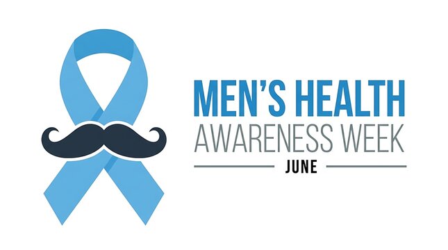 Men's health awareness week blue ribbon symbol with mustache and text for june health campaign and support awareness for men's well-being.