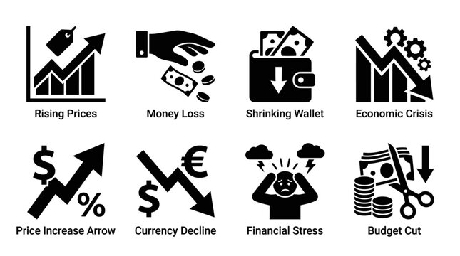 Financial crisis silhouette vector icons set featuring rising prices, money loss, shrinking wallet, economic downturn, currency decline, financial stress, budget cut, inflation recession illustration