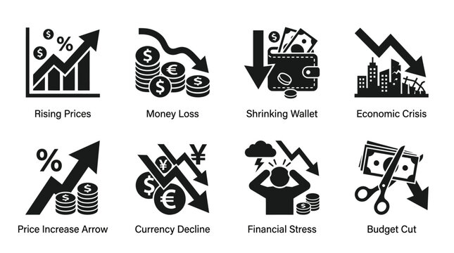 Financial crisis silhouette vector icons set featuring rising prices, money loss, shrinking wallet, economic downturn, currency decline, financial stress, budget cut, inflation recession illustration