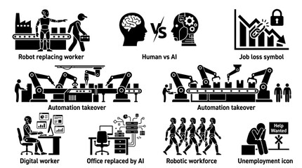Obraz premium Automation artificial intelligence silhouette vector icons set featuring robotic workforce, human vs AI, job loss, digital worker, office replacement, unemployment, assembly line illustration