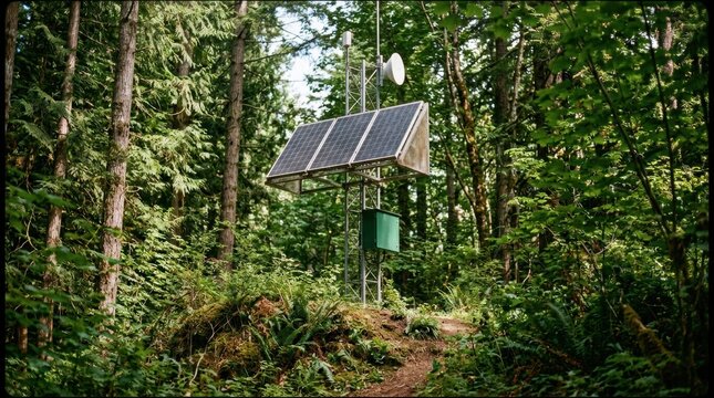 Midrange view of a solarpowered relay system nestled among dense forest trees highlighting ecofriendly offgrid communication enabled by integrated solar panels.