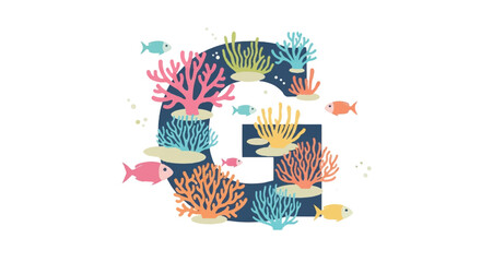 Letter g illustrated with coral reef elements and fish © upeh