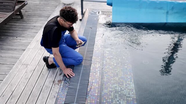 Man in professional uniform crouching by a swimming pool, interacting with a smartphone to monitor maintenance data