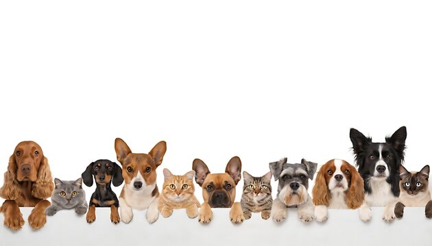 Multiple dog breeds and cats peeking over banner isolated on white background with shadow cut out. Cute mixed pet group, playful puppies and kittens together, friendly animal collection and cheerful d