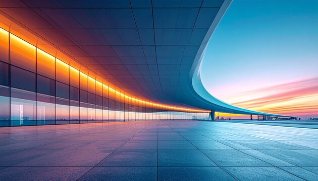 A futuristic building with sleek architecture stands alone at sunset in a vast empty space with vibrant orange light trails.