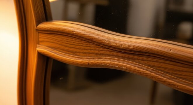 Close-up view of a slightly warped, polished wooden frame with visible grain and texture from an antique mirror