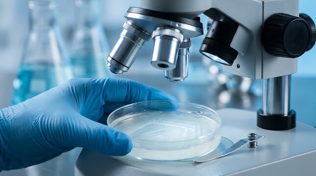 Scientist in blue gloves examines petri dish with bacteria culture under microscope in laboratory research setting with blurry flasks in background for medical science experiment.