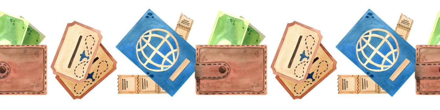 Watercolor border with tickets, a passport, and a wallet. Horizontal hand drawn pattern with tourism and recreation items. Bright illustration for printing, postcards, packaging
