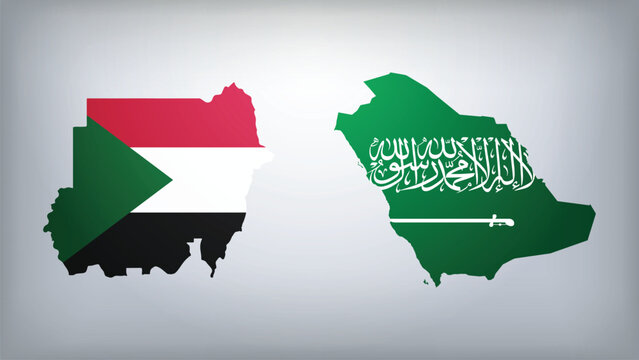 Saudi Arabia and Sudan Map Flags Vector Illustration, Saudi Arabia and Sudan Country Shapes Design