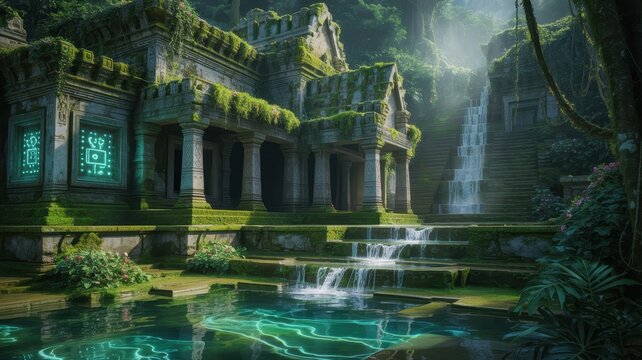 Ancient overgrown jungle temple with glowing mystical symbols, cascading waterfalls, and serene turquoise pool