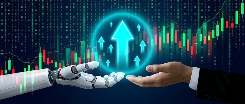Robot hand and human hand supporting rising arrow in circle with stock market charts and binary code background technology finance growth concept.