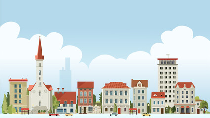 Obraz premium Town illustration, europien culture, beautiful period buildings and old church. Clean handmade vector 
