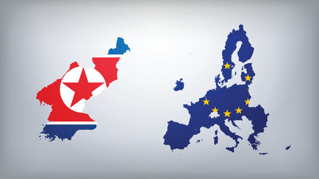 European Union and North Korea Map Flags Vector Illustration, European Union and North Korea Country Shapes Design