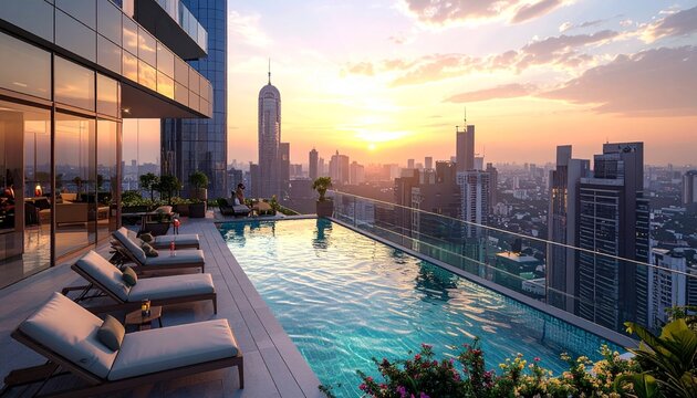A serene rooftop infinity pool overlooks the vibrant cityscape at sunset with modern buildings and lush greenery surrounding the tranquil scene.