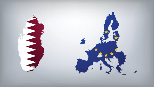 European Union and Qatar Map Flags Vector Illustration, European Union and Qatar Country Shapes Design