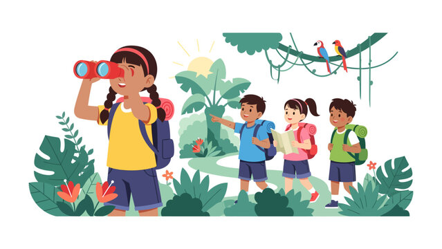 Jungle Expedition Adventure: A group of young explorers embarks on an exciting jungle adventure, using binoculars and maps to navigate through lush greenery and discover the wonders of nature.