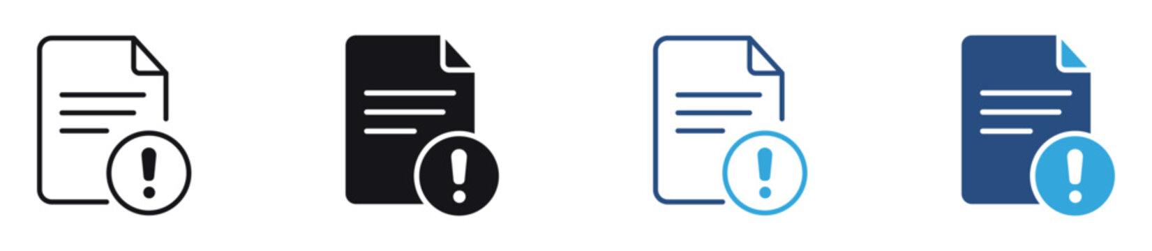 Risk Assessment and Audit Document Icon Set. File document with exclamation mark symbol representing compliance review, issue reporting, and business audit concept. Vector illustration.