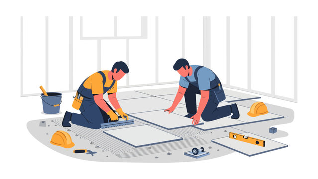 Tiling Project in Progress: Two skilled workers diligently lay tiles on a floor, equipped with tools and safety gear, illustrating a construction or renovation project.