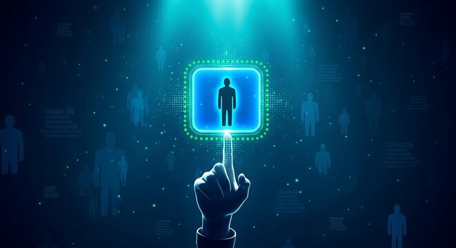 Human resources technology concept hand interacting with digital person icon network
