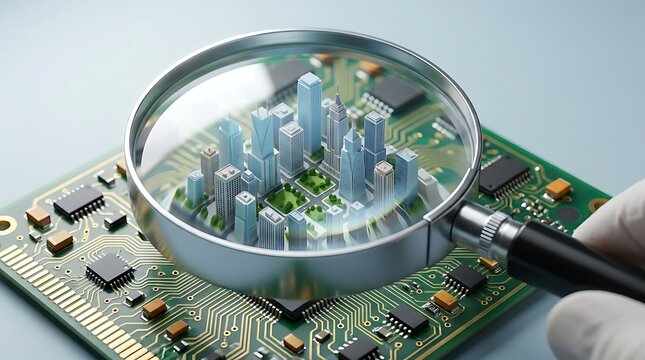 miniature city skyline displayed on computer circuit board under magnifying glass exploring urban development technology and innovation concept.