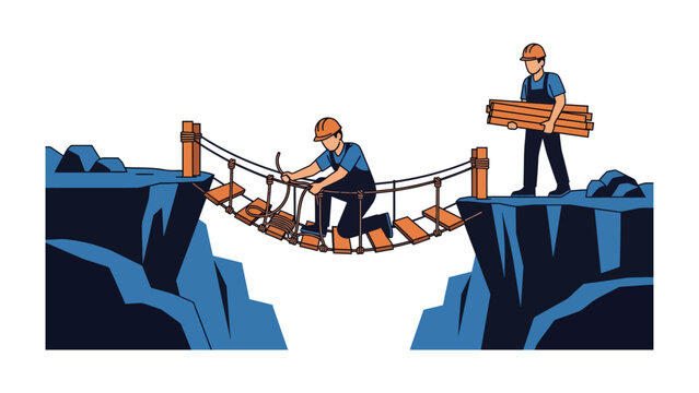 Bridge Builders: Two construction workers collaborate to build a rope bridge across a chasm, symbolizing progress and connection.