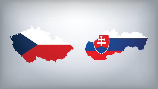 Czech Republic and Slovakia Map Flags Vector Illustration, Czech Republic and Slovakia Country Shapes Design