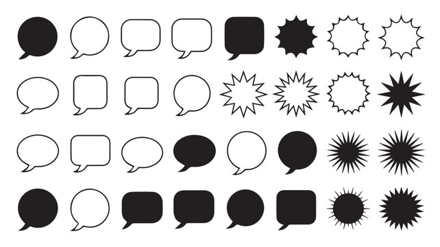 A collection of various speech bubble and starburst shapes in black and white, perfect for graphic design and communication