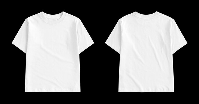 Blank white kids t-shirt front and back views isolated on a black background, perfect for design mockups.