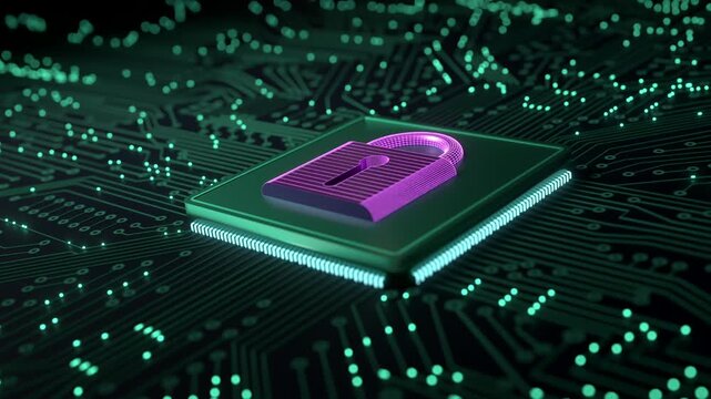 Data protection, close-up circuit board with processor to lock data, encryption, safety, network security. Futuristic mother board, big data, machine learning, firewall, digital data processing.