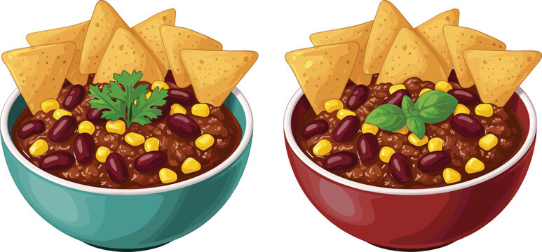 Traditional Mexican Chili Con Carne Bowls Vector Illustration Set with Corn Tortilla Chips Beans and Cilantro Garnish for Restaurant Menu Designs