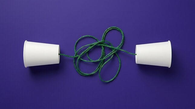 Two paper cups connected by green string symbolizing simple communication and connection over purple background.