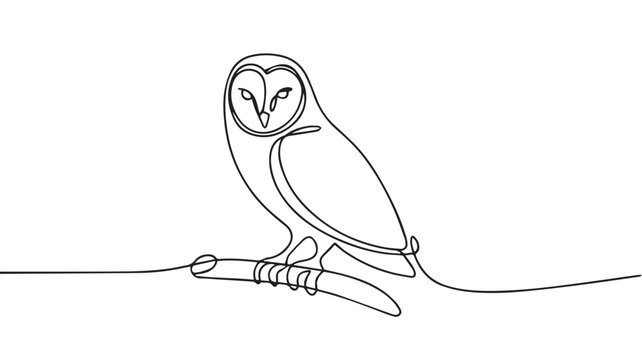 A minimalist continuous line drawing of a barn owl perched on a branch, showcasing its elegant form with a single unbroken stroke, perfect for nature and wildlife art