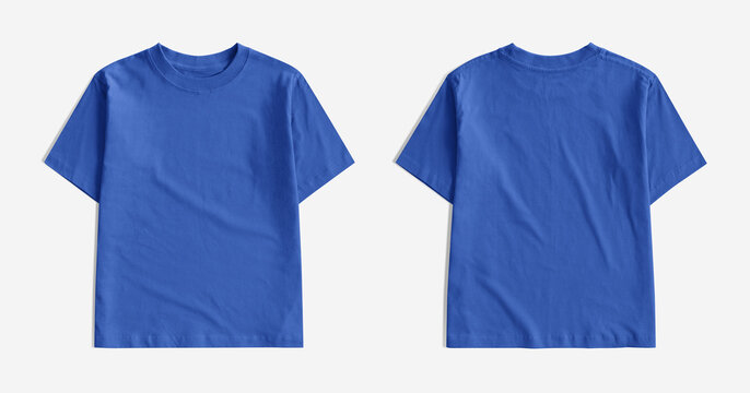 Blank blue kids t-shirt front and back views isolated on a light background, perfect for mockup designs.