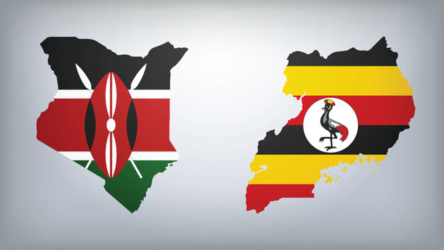 Uganda and Kenya Map Flags Vector Illustration, Uganda and Kenya Country Shapes Design